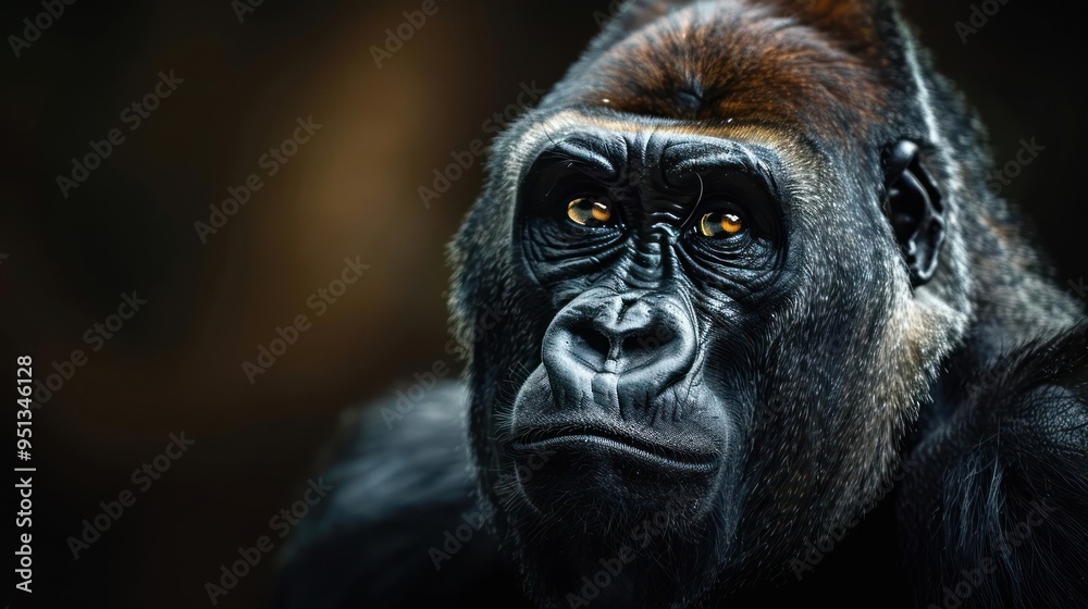 A happy gorilla looking into the camera with a content smile, A happy gorilla looking into the camera with a content smile,
