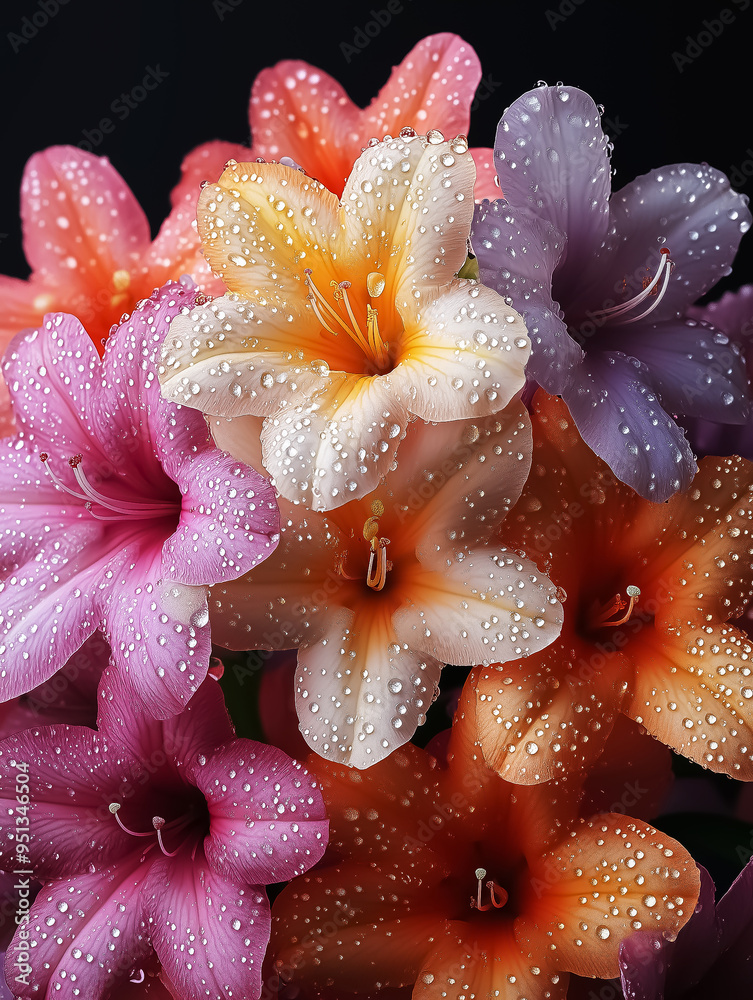 A vibrant close-up of azalea blossoms adorned with droplets, perfect for spring or summer event invitations and floral designs. Design for Wall Art, Poster Print, Wallpaper & Background A vibrant close-up of azalea blossoms adorned with droplets, perfect for spring or summer event invitations and floral designs. Design for Wall Art, Poster Print, Wallpaper & Background
