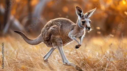 a captivating image of an alert kangaroo leaping and sprinting through a field, photo