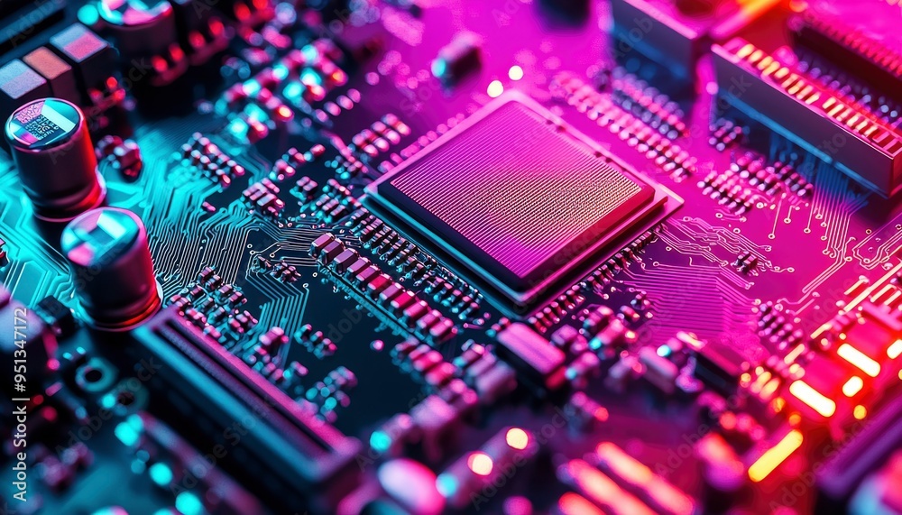 Close-up of a Circuit Board with a Processor Chip and Neon Lighting Close-up of a Circuit Board with a Processor Chip and Neon Lighting