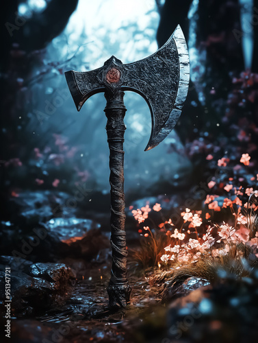 A mystical axe stands in a magical forest, surrounded by glowing flowers, ideal for fantasy-themed artwork or Halloween designs. photo