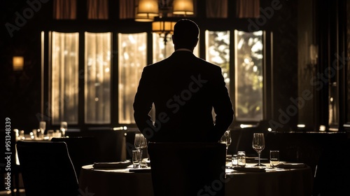 Shadowy man in a high-end restaurant engaging in illicit negotiations, refined yet menacing atmosphere
