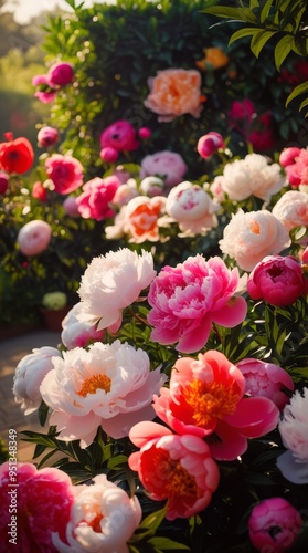  of a lush peonies garden, bathed in warm, soft natural light, with an array of vivid and beautiful flowers 