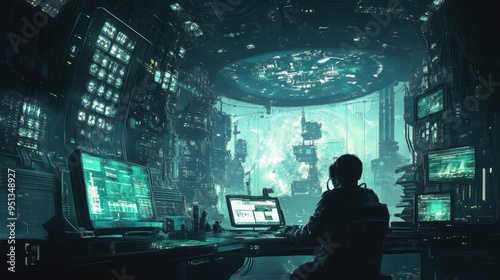 Wallpaper Mural Futuristic Control Room in Dystopian Cityscape Torontodigital.ca