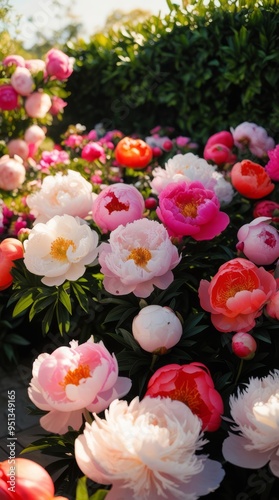  of a lush peonies garden, bathed in warm, soft natural light, with an array of vivid and beautiful flowers 