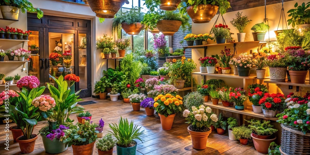 Fototapeta premium Charming flower shop in a small town overflows with brightly lit arrangements and potted plants, filling the air with sweet fragrances and warmth.