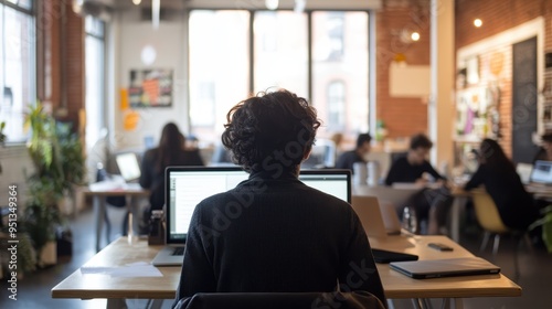 Busy Coworking Space with Person at Desk