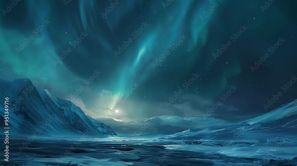 Fototapeta premium Aurora borealis over snowy mountains in winter