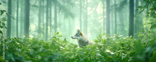 Rewilding project, wolves reintroduced to forest  in a dynamic, action shot with the wolves moving through dense vegetation photo