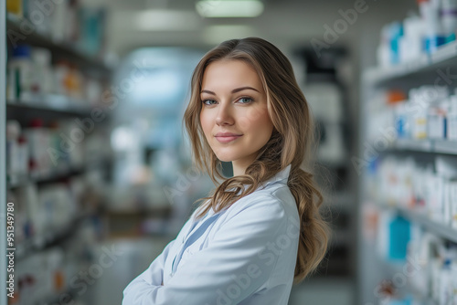 woman in a white lab coat stands in front of a pharmacy with a smile on her face