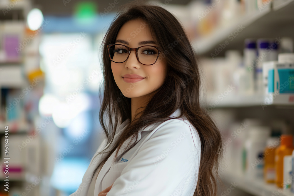 woman in a white lab coat stands in front of a pharmacy with a smile on her face woman in a white lab coat stands in front of a pharmacy with a smile on her face
