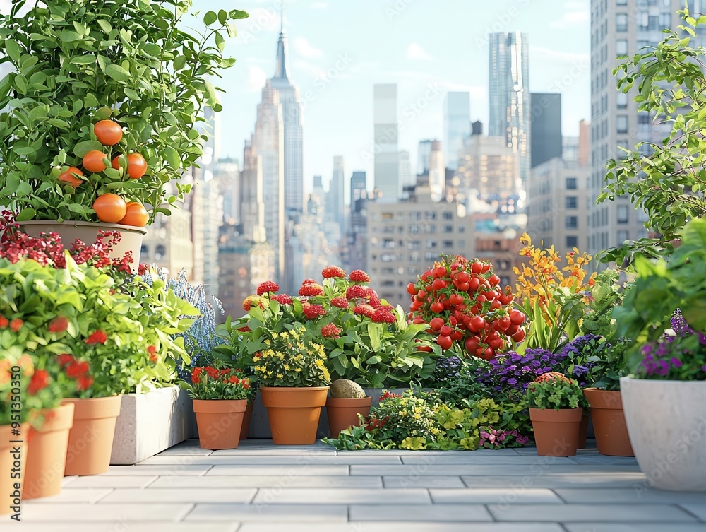 Fototapeta premium Thriving rooftop garden in urban setting with bright, vibrant colors and a bustling cityscape in the background