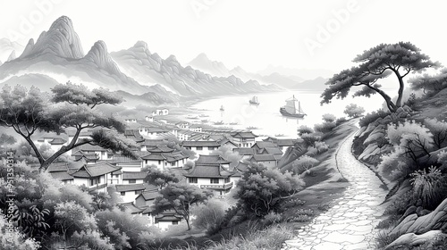 Rural landscape with a tea plantation, a Chinese village, and boat on the river. Handmade drawing vector illustration. Traditional chinese guohua painting style with elements of pointillism