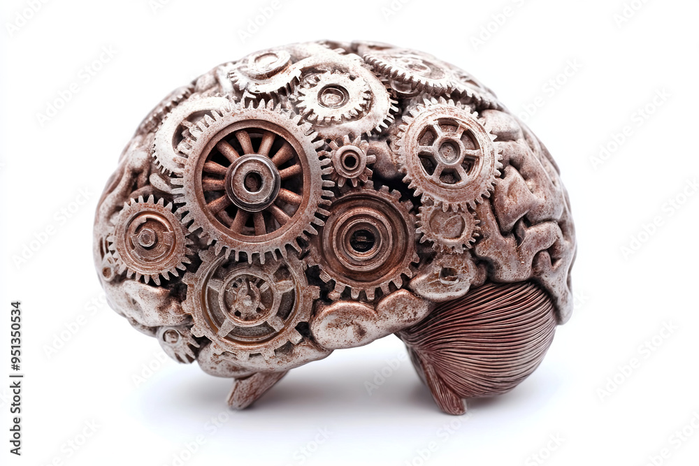 Human brain with metallic gears on white background Human brain with metallic gears on white background