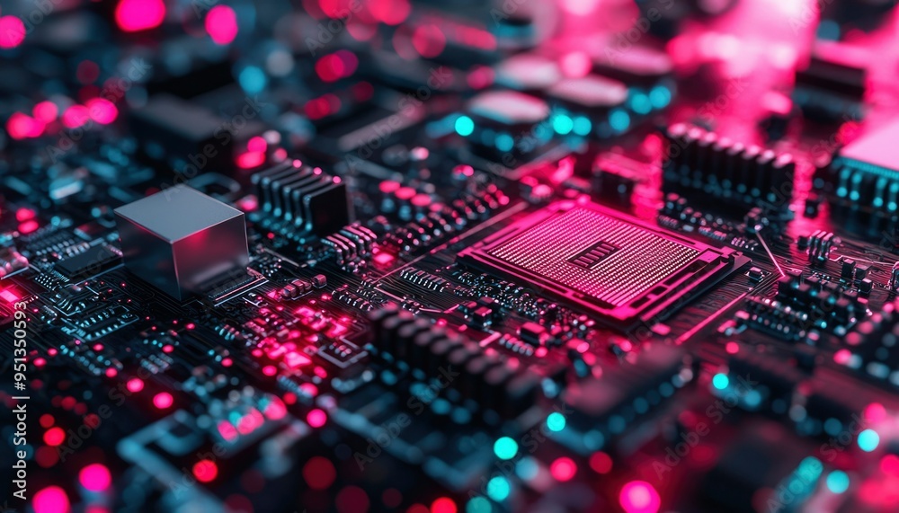 Obraz premium Close-up of a Computer Motherboard with Pink Lighting