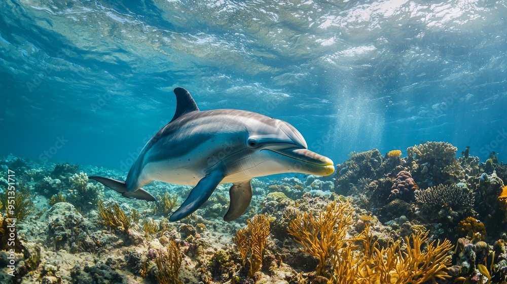 Obraz premium bottlenose dolphin underwater on reef background