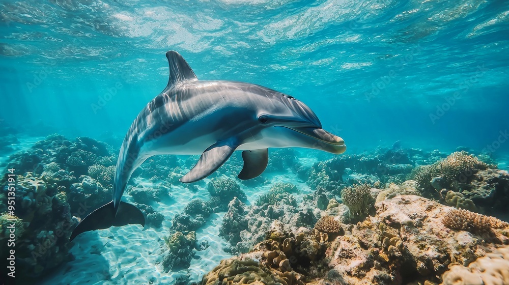 Obraz premium bottlenose dolphin underwater on reef background