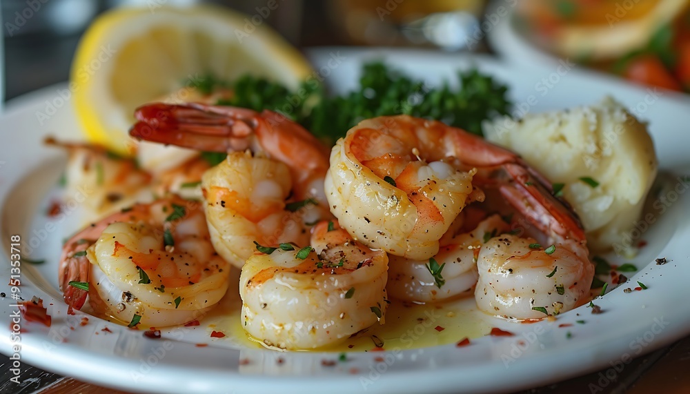 Fried shrimps with lemon and herbs on plate Fried shrimps with lemon and herbs on plate