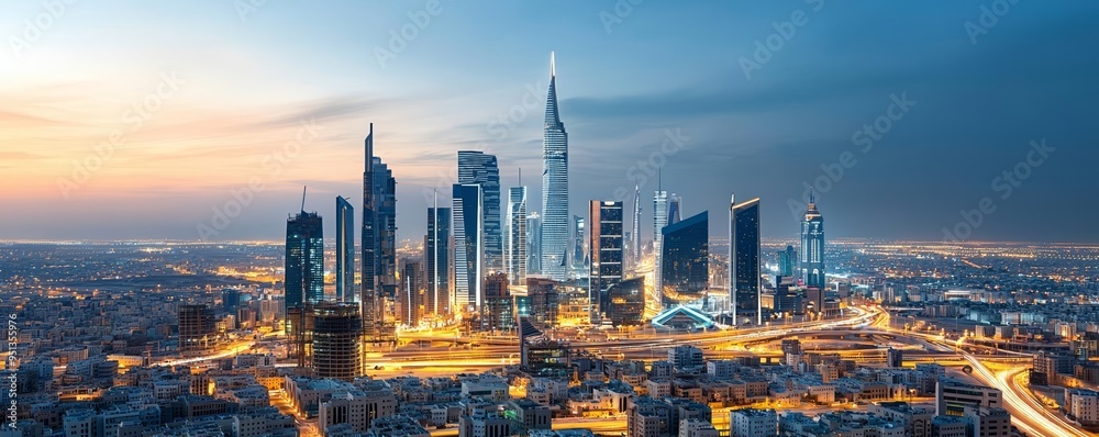 Fototapeta premium Night view of Riyadh cityscape with glowing skyscrapers, futuristic urban skyline, blue hour, modern Middle Eastern architecture