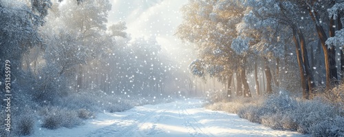 Peaceful snowfall in dense woods, creating a magical, untouched winter landscape photo