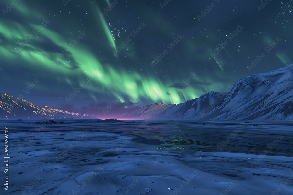 Fototapeta premium Aurora borealis over snowy mountains in winter