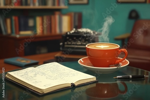 Morning Coffee with Diary and Pen on Office Table photo