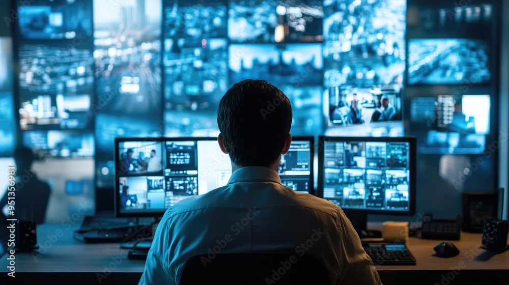 Central control panel with live surveillance feeds, overseen by a focused security guard in a high-tech environment. Central control panel with live surveillance feeds, overseen by a focused security guard in a high-tech environment.