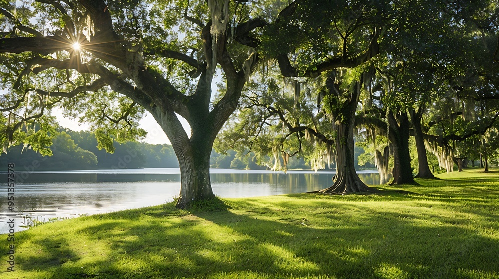 Fototapeta premium A tranquil haven beside the lake tucked up amid giant oaks