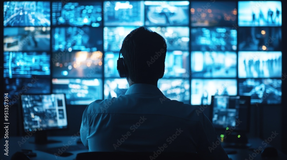 Central control room with a security guard observing live surveillance feeds, ensuring real-time protection. Central control room with a security guard observing live surveillance feeds, ensuring real-time protection.