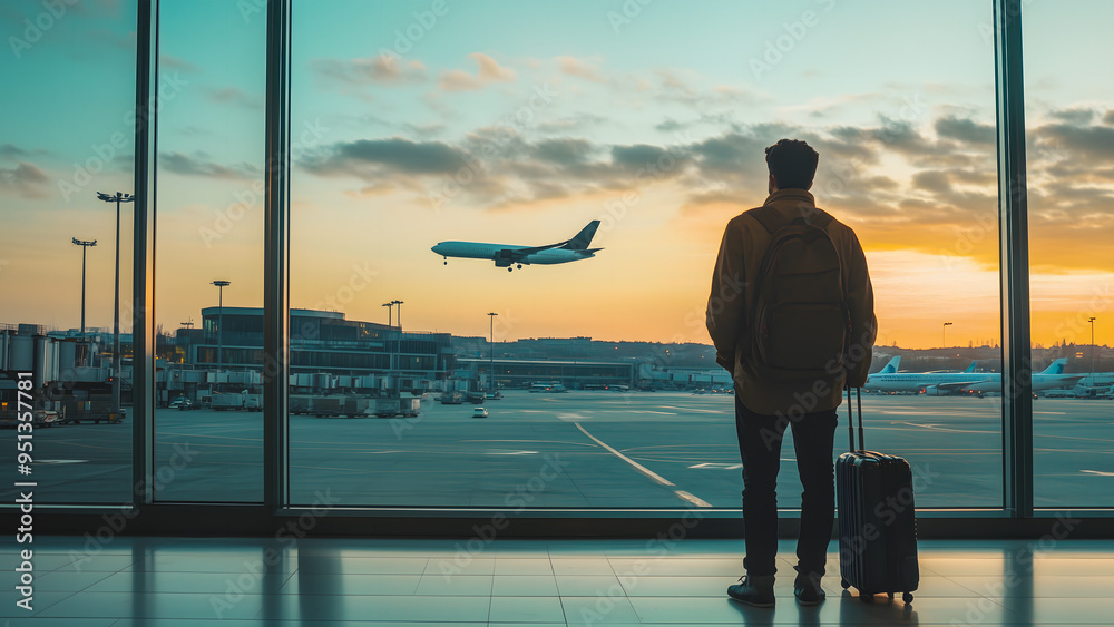 Fototapeta premium A passenger waiting at a airport with suitcase or luggage. 