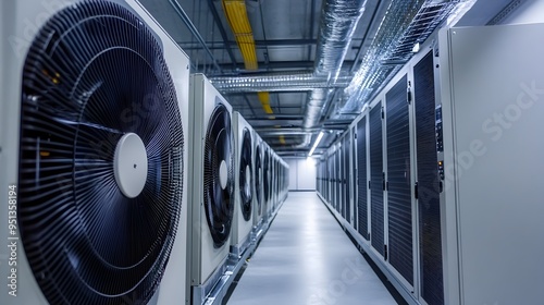 Sophisticated air conditioning units installed in a high tech data center providing efficient cooling for the critical computing infrastructure within