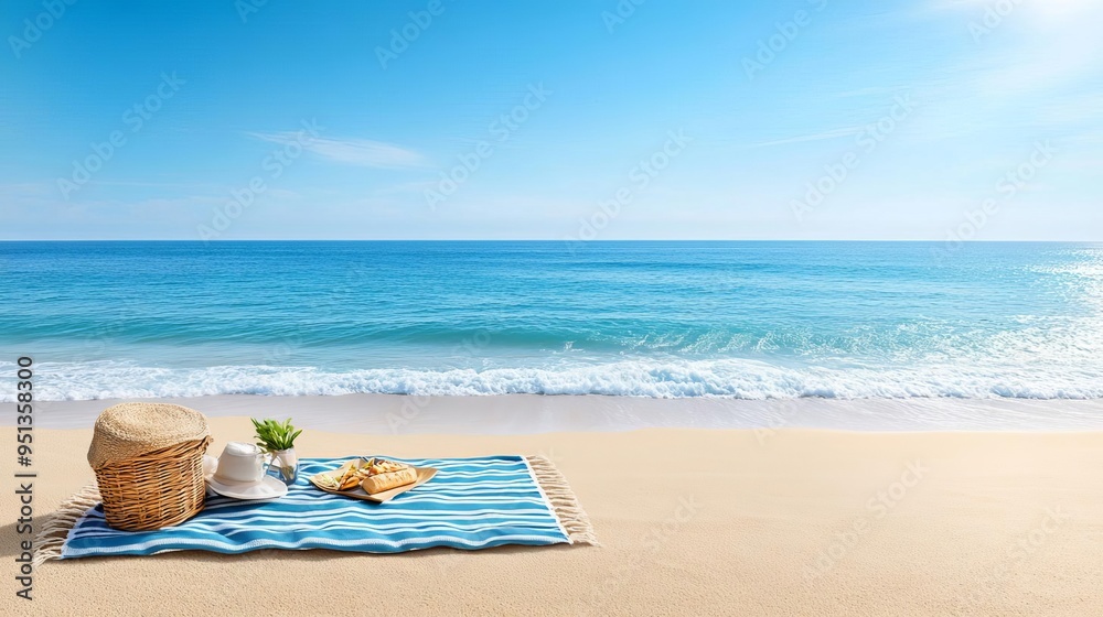 Picnic blanket on a sandy beach with ocean waves in the background, relaxing getaway Picnic blanket on a sandy beach with ocean waves in the background, relaxing getaway