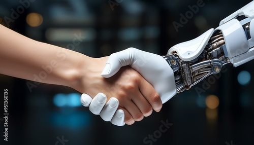 human hand shaking hands with an AI-powered robotic hand, symbolizing collaboration