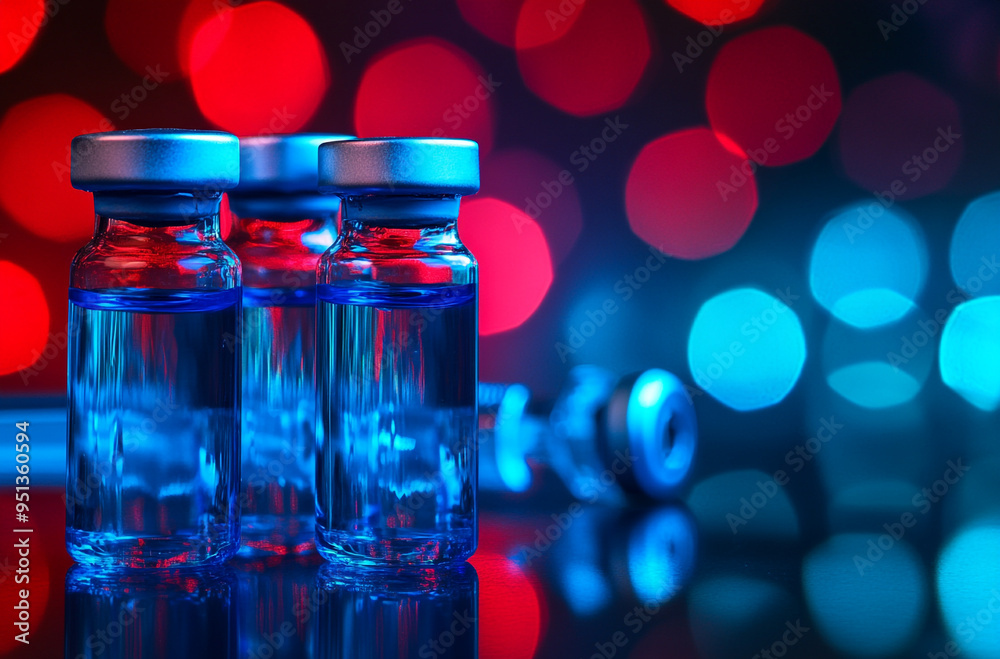 glass vials with blue liquid and red color background glass vials with blue liquid and red color background