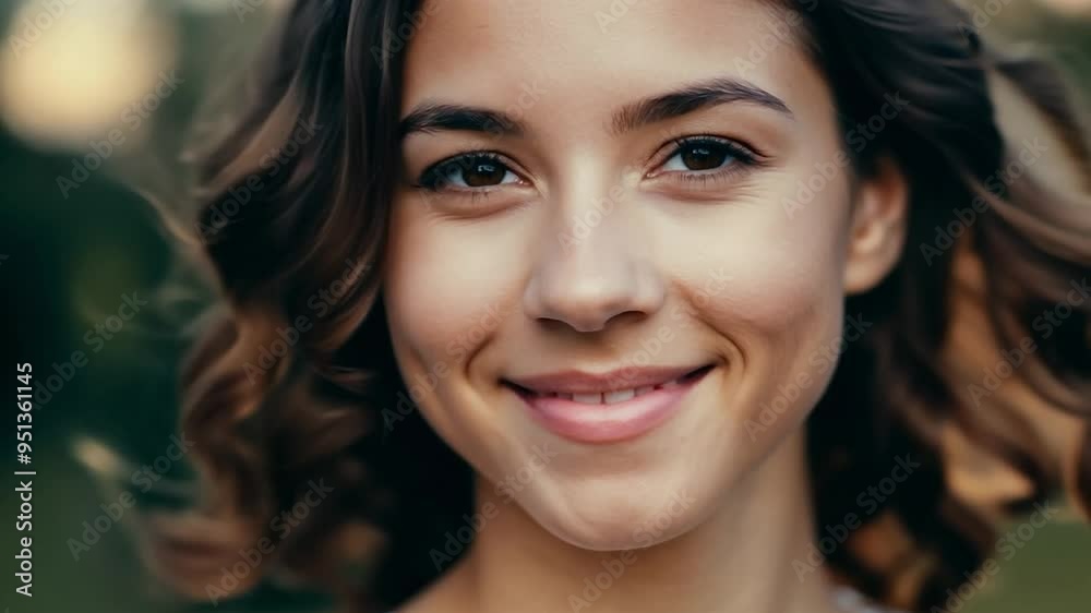 Smiling young woman with curly hair and sparkling brown eyes Smiling young woman with curly hair and sparkling brown eyes