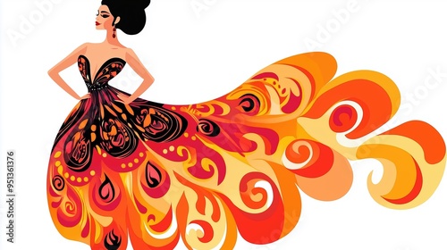 Elegant vector illustration of a beautiful woman in a vibrant flamenco dress, surrounded by fiery flames and floral patterns. This minimalist 2D artwork features simple lines and bold strokes, with a 