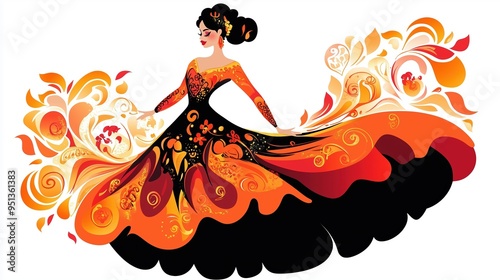 Elegant vector illustration of a beautiful woman in a vibrant flamenco dress, surrounded by fiery flames and floral patterns. This minimalist 2D artwork features simple lines and bold strokes, with a 