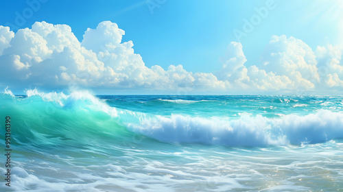 Powerful ocean waves crash onto a sandy beach, capturing the dynamic movement and natural beauty of the seashore. photo