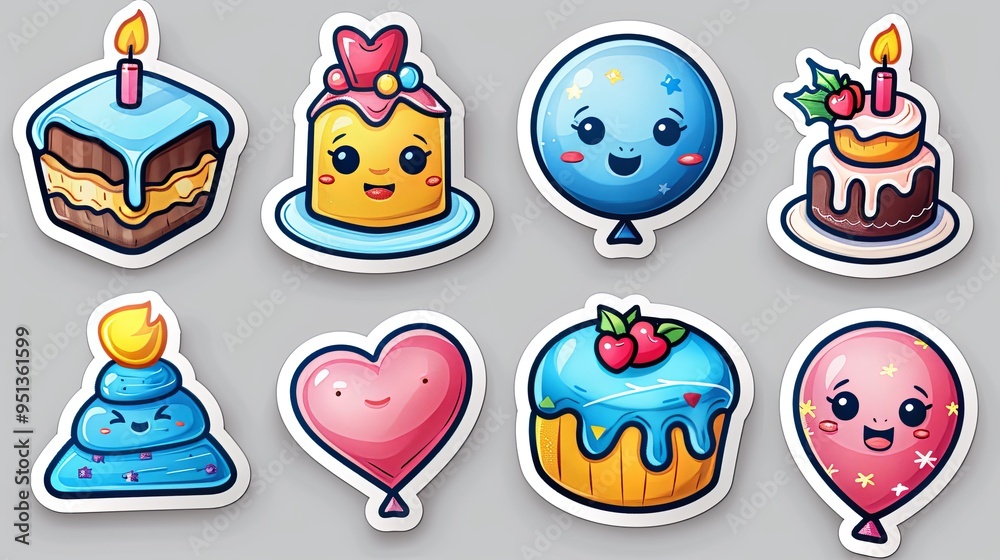 Fototapeta premium Set cartoon birthday stickers. Holiday gifts, balloons, cake. Retro gifts, celebration labels.Funky hipster stickers in 90s style. Vector happy birthday set, trendy promo labels