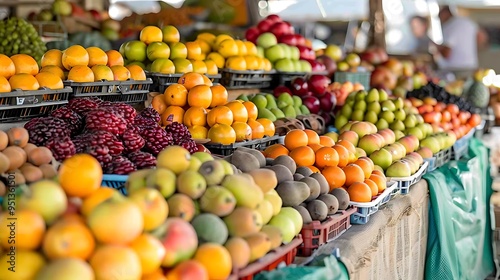 Fototapeta Naklejka Na Ścianę i Meble -  A vibrant assortment of fruits at a summer agricultural marketplace