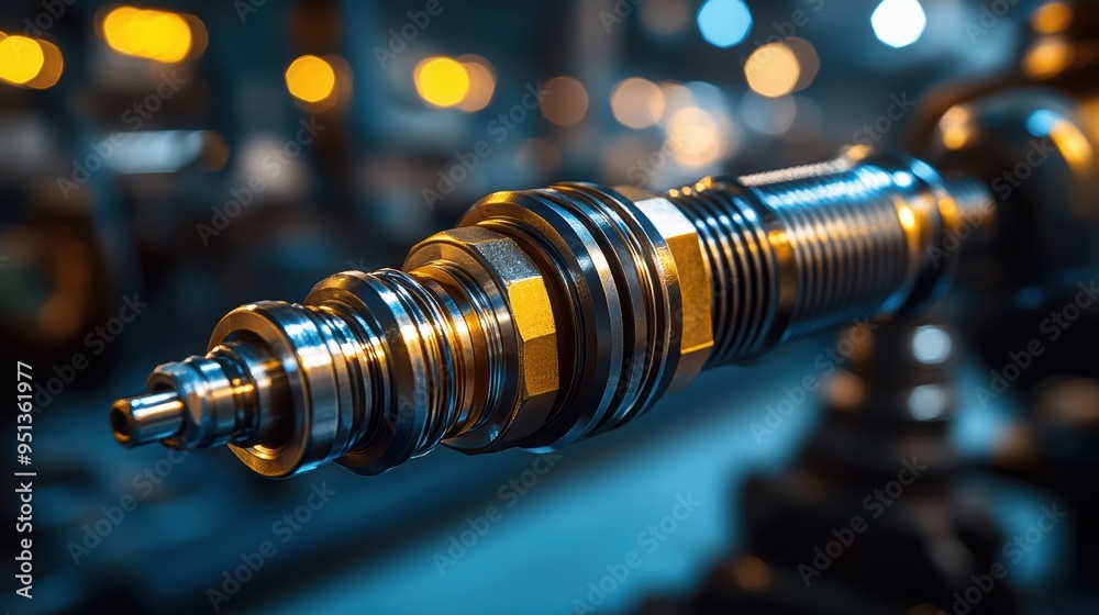 Detailed close-up of a precision-engineered metallic shaft assembly, highlighting advanced industrial machinery and intricate mechanical components. Detailed close-up of a precision-engineered metallic shaft assembly, highlighting advanced industrial machinery and intricate mechanical components.