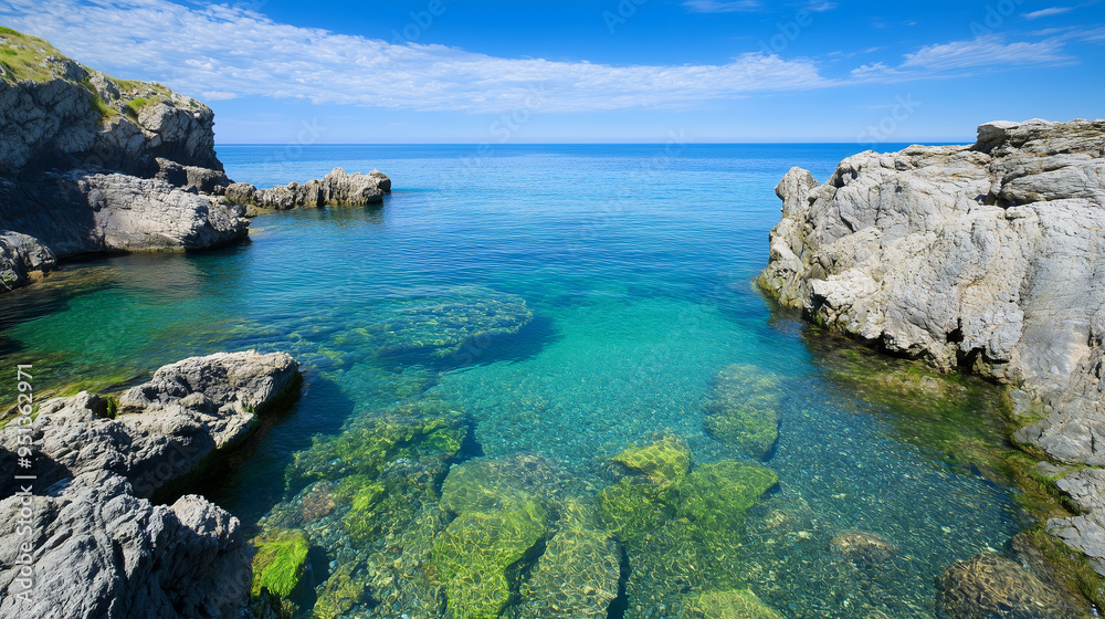 Serene Coastal Cliffs: Majestic cliffs rise from a turquoise ocean, a breathtaking panorama of nature's beauty. A peaceful vista of azure waters, towering rock formations, and a clear blue sky. Serene Coastal Cliffs: Majestic cliffs rise from a turquoise ocean, a breathtaking panorama of nature's beauty. A peaceful vista of azure waters, towering rock formations, and a clear blue sky.