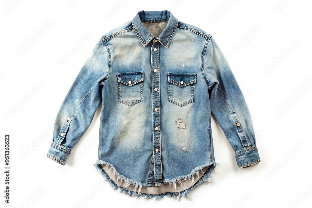 Naklejka premium Distressed, high-waisted acid wash denim shirt with ripped hem and frayed sleeves on a white background, perfect for showcasing trendy apparel designs or promotional materials.
