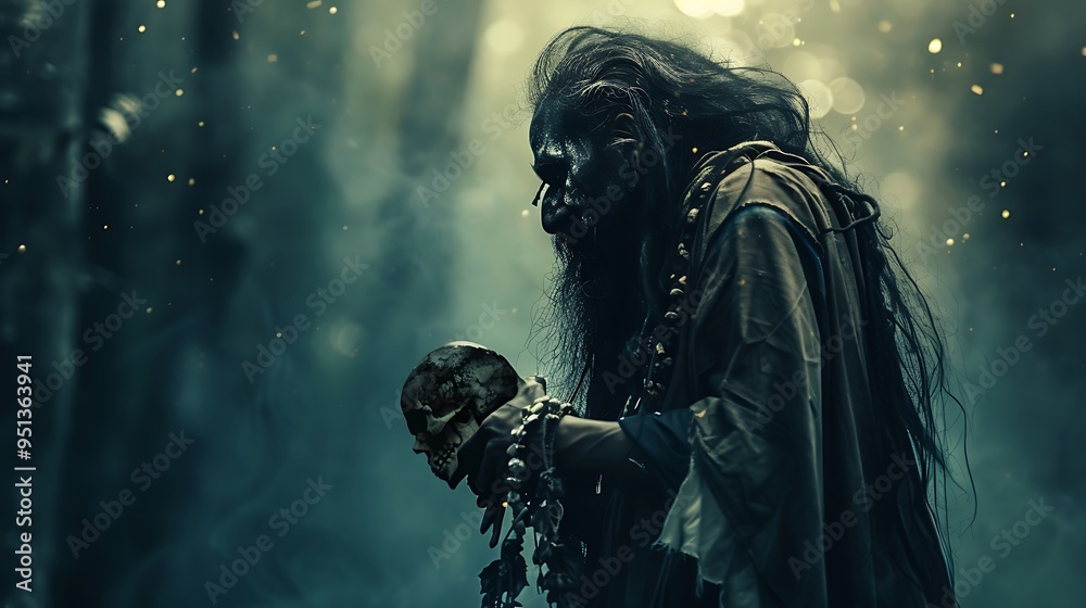 Side view of Aghori man walking through a dark haunted forest at night His face is covered in ash and he carries a skull in his hand embodying the mysteries of his faith Side view of Aghori man walking through a dark haunted forest at night His face is covered in ash and he carries a skull in his hand embodying the mysteries of his faith