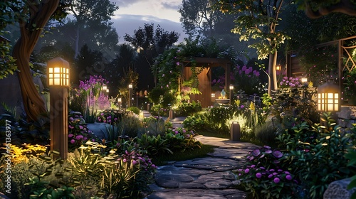 A view at night with twilight ways and gardening lamps giving a dreamy backdrop