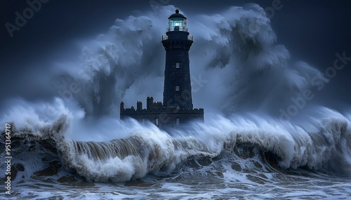 A Lighthouse Stands Firm Against Powerful Waves photo