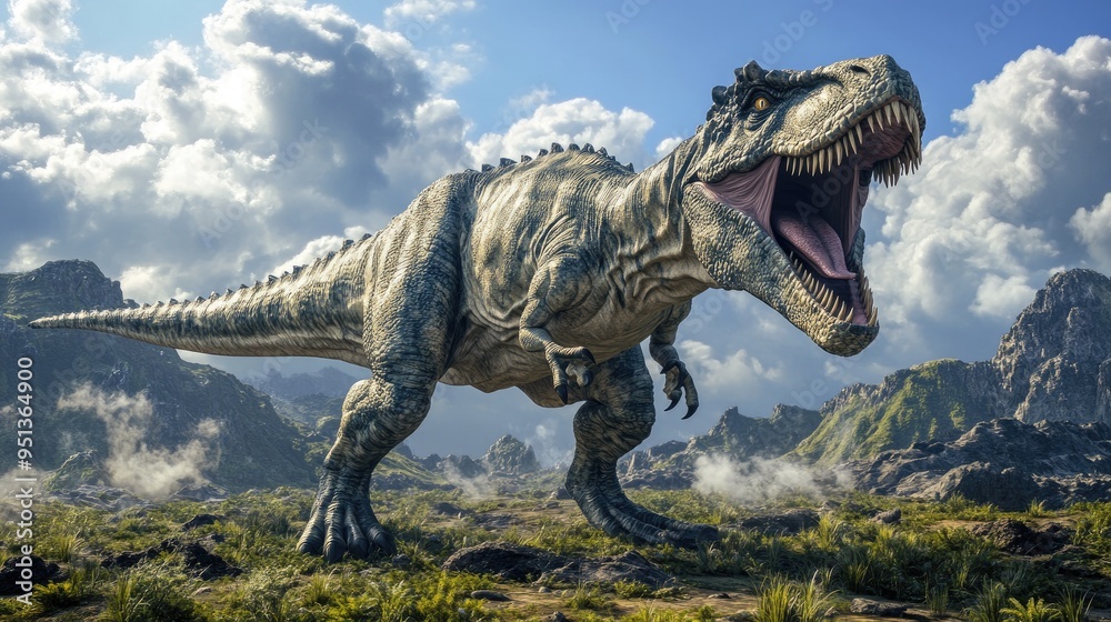 Naklejka premium A large, prehistoric dinosaur roars as it walks through a lush prehistoric landscape with rocky mountains in the background.