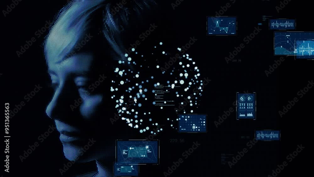 Composite concept of thinking woman and digital technology