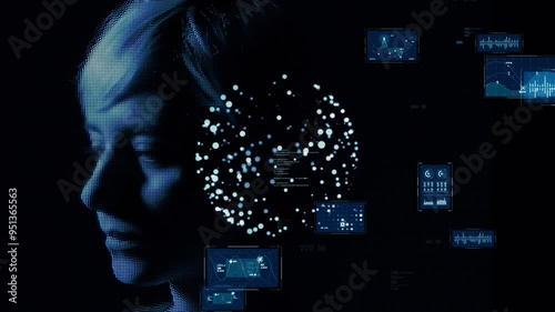 Composite concept of thinking woman and digital technology photo