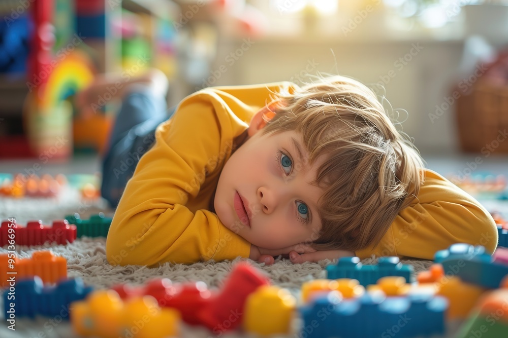 Portrait of a child with autism playing with colorful building blocks, deeply focused and happy Portrait of a child with autism playing with colorful building blocks, deeply focused and happy